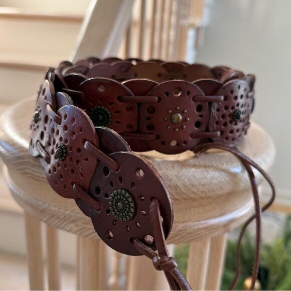 Fossil Dark Brown Leather Concho Western Studded Boho Front Tie Belt L - Picture 13 of 16
